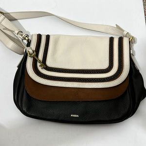 Black, brown, and cream leather Fossil bag